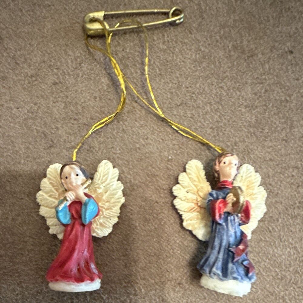 2 Mini Angel Hanging Christmas Ornaments Multicolor w/ Gold String, Set of 2